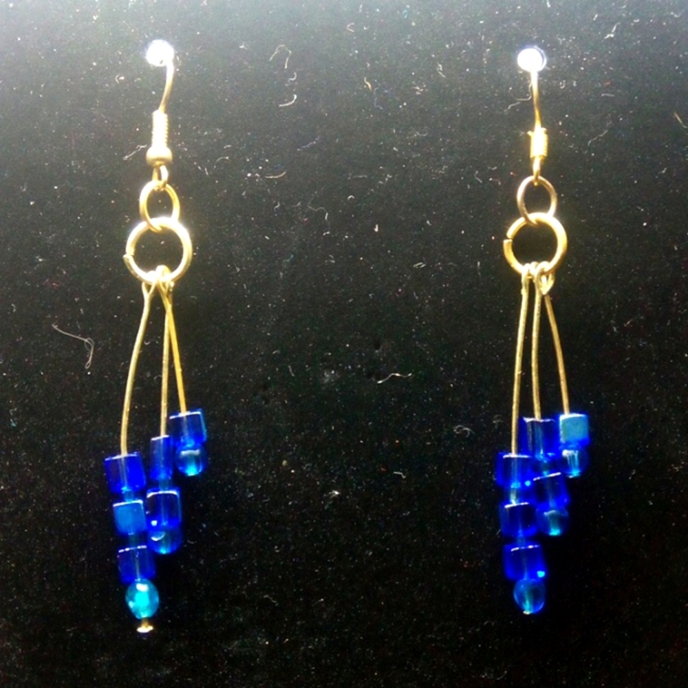 🆕 Gold/Blue square 🟦 stacked design EARRINGS *@HANDMADE Original* - Picture 2 of 3